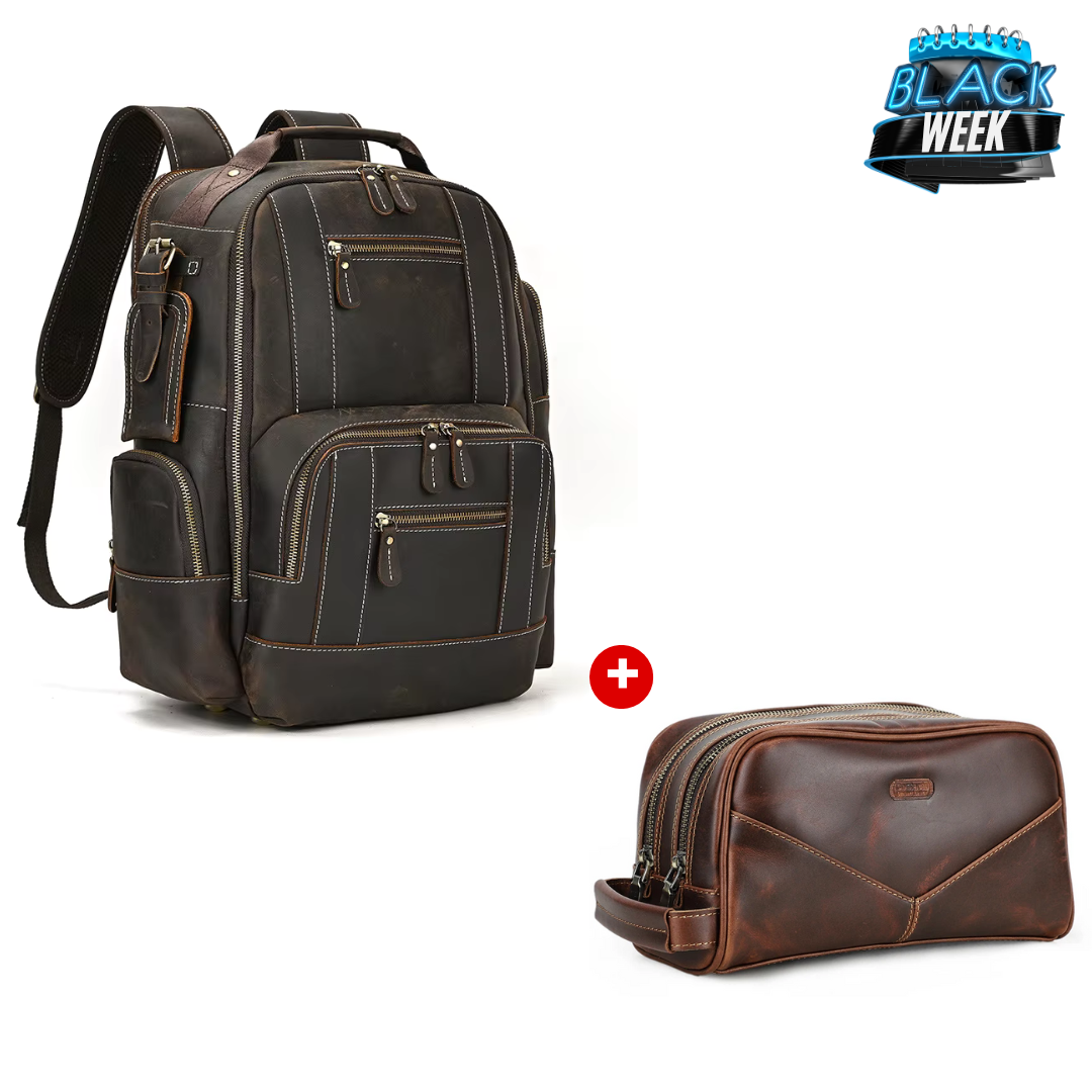 Kit Promocional: Mochila de Couro Luxo American + Nécessaire Masculina de Couro Milan