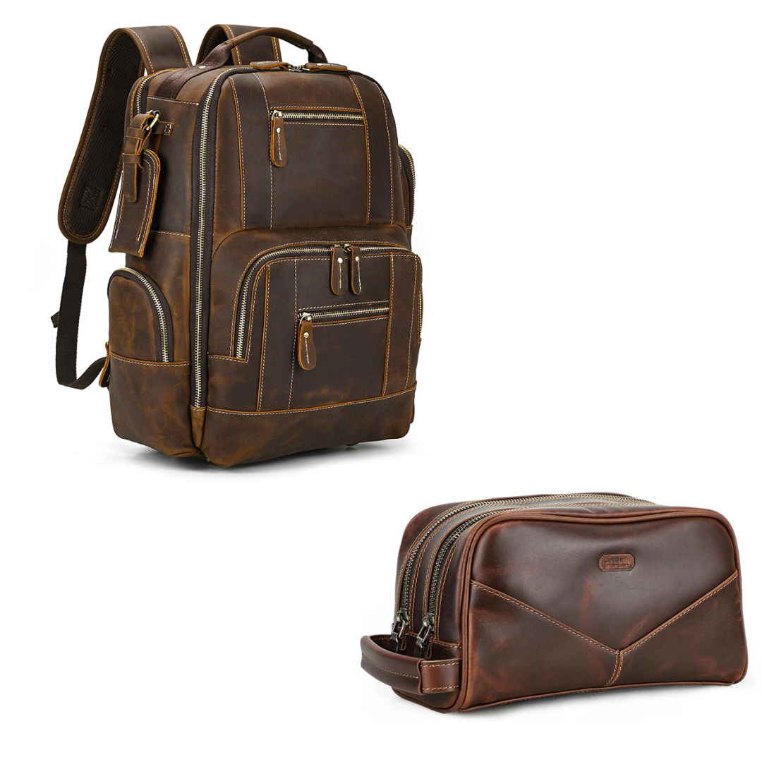 Kit Promocional: 1 Mochila de Couro Luxo American + 1 Nécessaire Masculina de Couro Milan