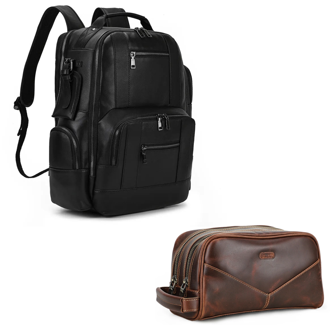 Kit Promocional: 1 Mochila de Couro Luxo American + 1 Nécessaire Masculina de Couro Milan